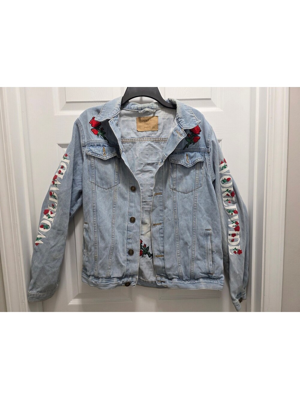 rue21 Vintage Light Blue Denim Jacket with Embroidered Roses and Text
